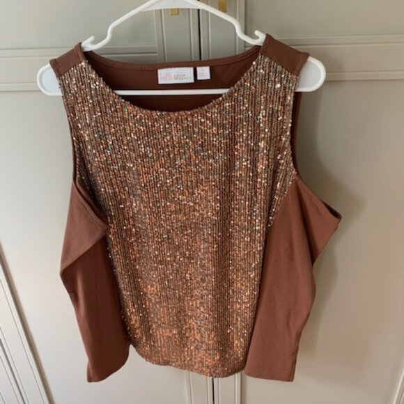 Belle by Kim Gravel Tops - Kim Gravel Sequin Mesh Knit Back Tank Top - XL - Bronze